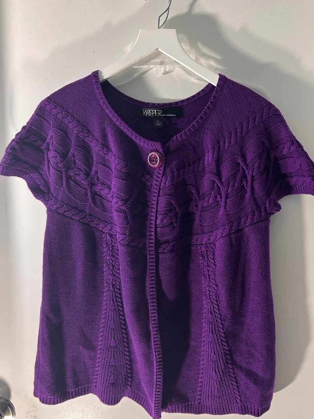 Kasper Sportswear Purple Cotton Cable Knit Short Sleeve Cardigan - Size Large